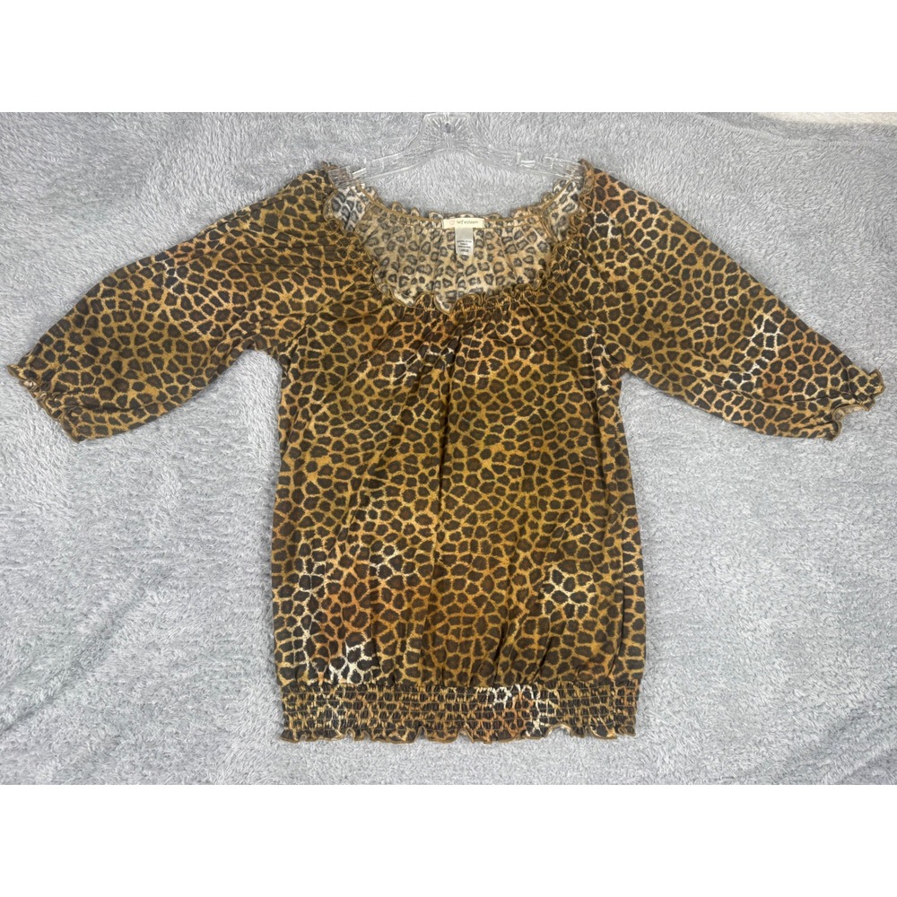 Self Esteem Leopard Print Blouse Womens Large Brown Excellent Smocked Boho Top